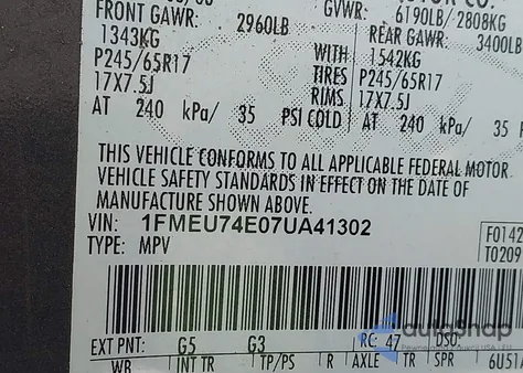 2007 Ford Explorer Eddie Bauer z USA, uszkodzony, nr VIN 1FMEU74E07UA41302